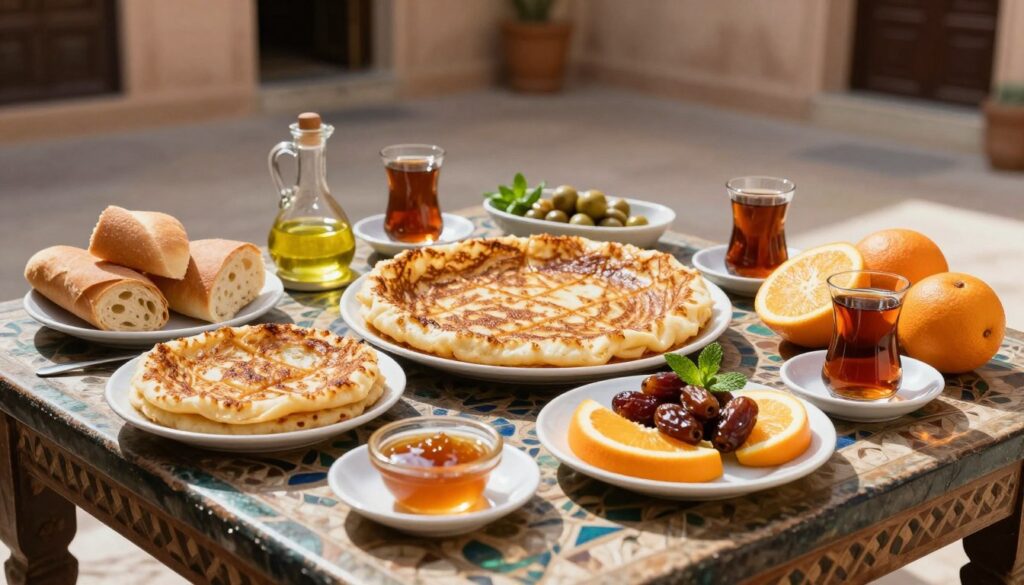 Colazione tradizionale marocchina con msemen, beghrir, pane, marmellata e tè alla menta a Fes