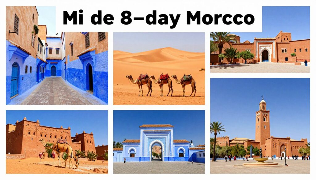 Collage delle attrazioni principali del tour tangeri marrakech 8 giorni
