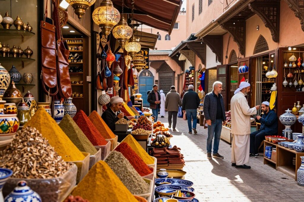Colorati souks nella medina di Marrakech con spezie e artigianato