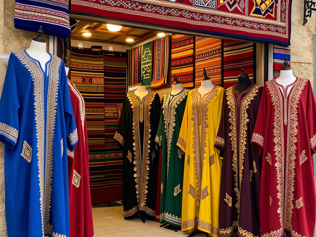 Colorati tessuti e djellaba tradizionali esposti nel Souk Henna di Fes