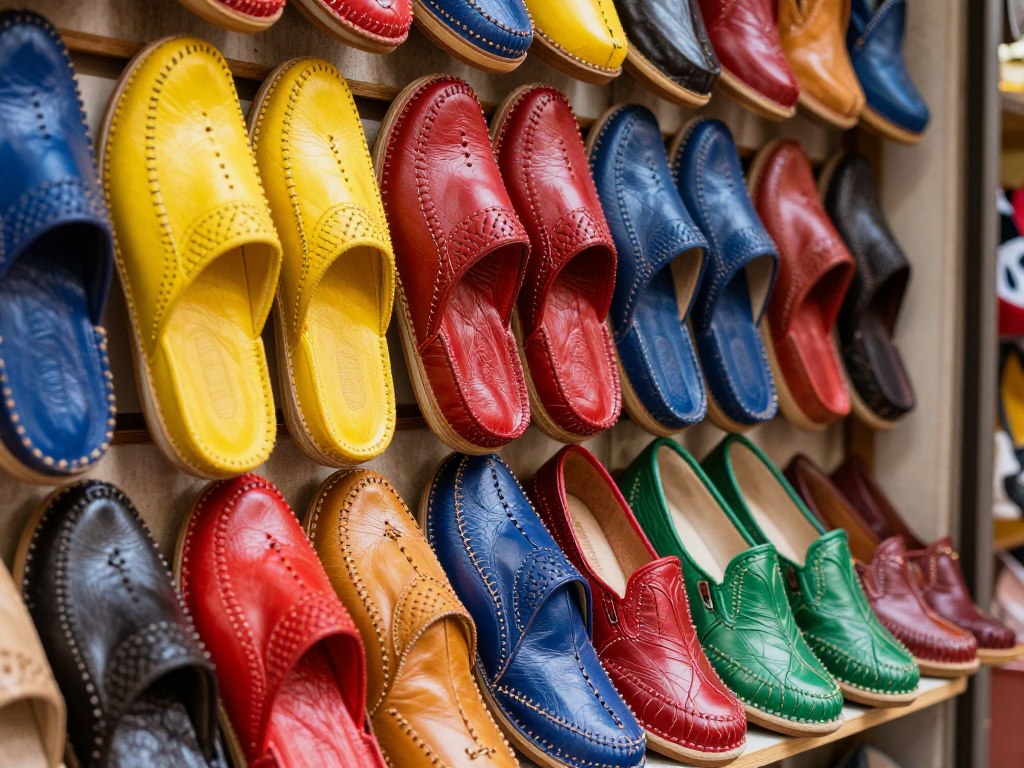 Coloratissime babouche in pelle esposte in un negozio vicino alle concerie di Fes