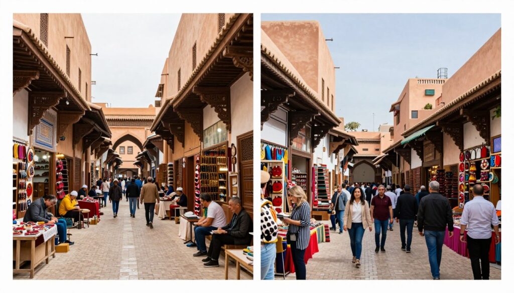 Confronto visivo tra i souk di Fes (più tradizionali) e quelli di Marrakech (più turistici)