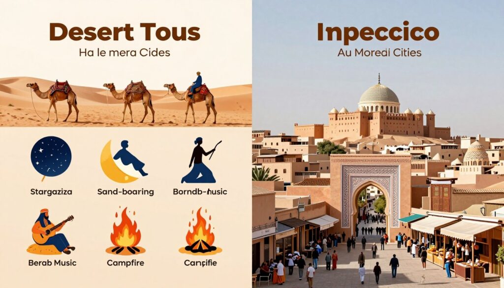 Confronto visivo tra le attività del tour deserto e tour città imperiali marocco