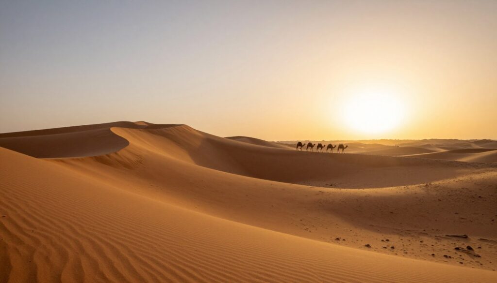 Dune di sabbia dorata del deserto di Merzouga al tramonto con carovana di cammelli Dune di sabbia dorata del deserto di Merzouga al tramonto con carovana di cammelli