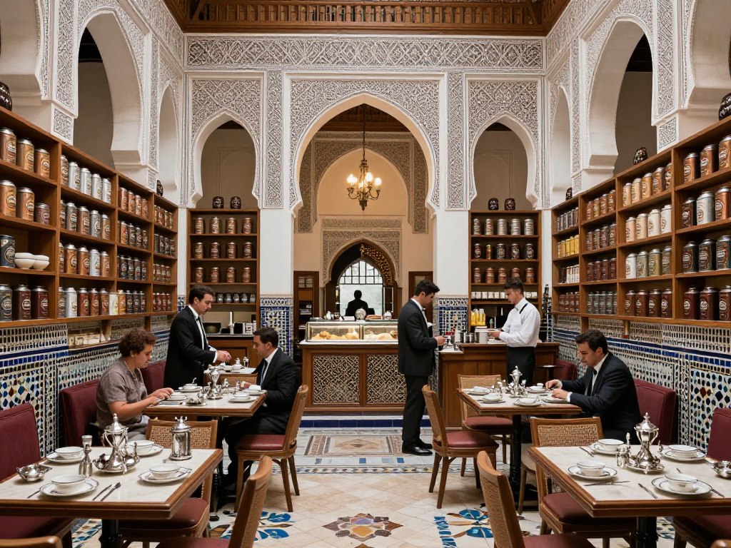 Gli interni eleganti del Bacha Coffee House con tavoli apparecchiati e scaffali pieni di barattoli di caffè