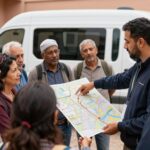 Gruppo di turisti durante un tour da Marrakech con guida che spiega cosa è incluso