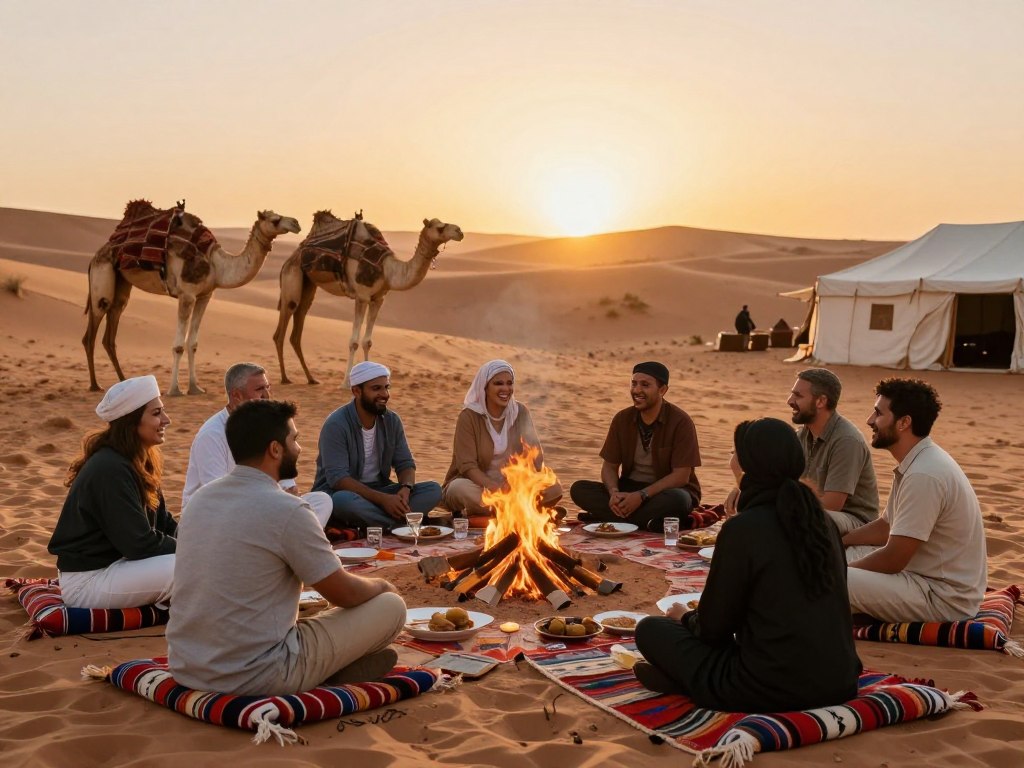 Gruppo di viaggiatori che condividono un'esperienza nel deserto durante un tour di gruppo in Marocco