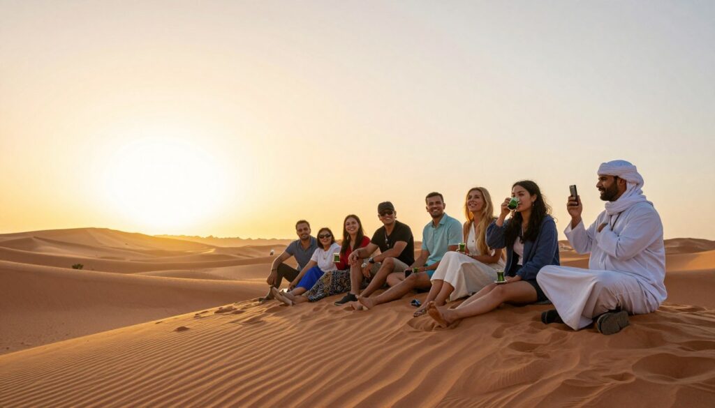 Gruppo di viaggiatori che godono del tramonto nel deserto durante il tour marocco 10 giorni