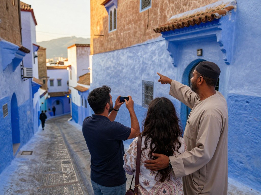 Guida locale che mostra un punto panoramico a una coppia durante un tour privato in Marocco