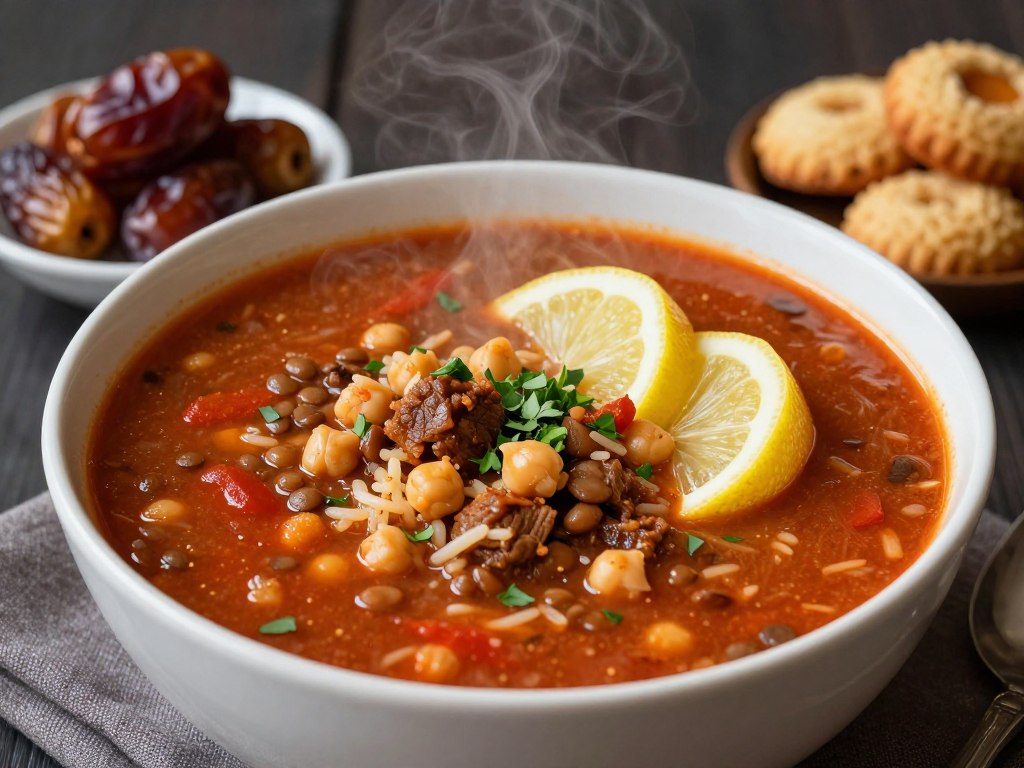 Harira di Fes, zuppa densa con pomodoro, lenticchie e ceci, servita con datteri durante il Ramadan