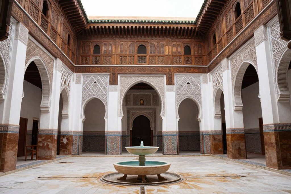 Il cortile interno del Fondouk Nejjarine con la sua fontana centrale e le gallerie in legno