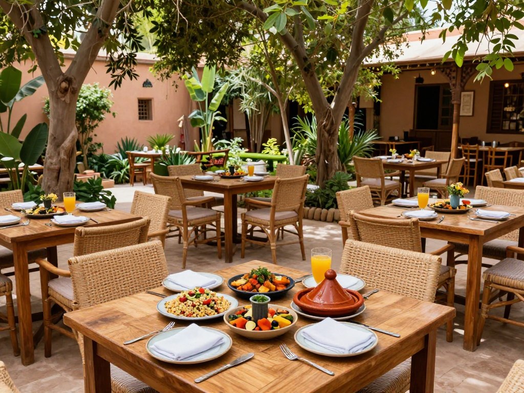 Il giardino del ristorante La Famille a Marrakech con tavoli all'ombra degli alberi e piatti vegetariani colorati