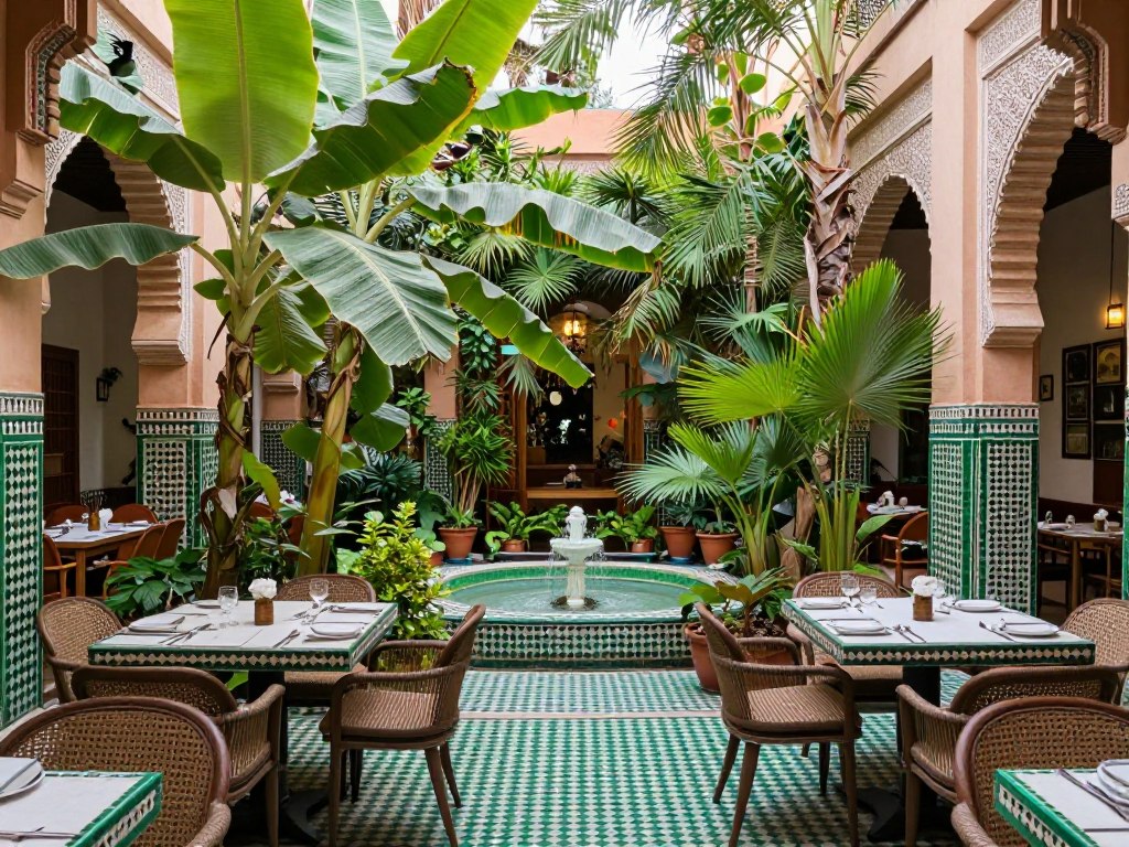 Il giardino interno del ristorante Le Jardin con vegetazione lussureggiante e tavoli eleganti