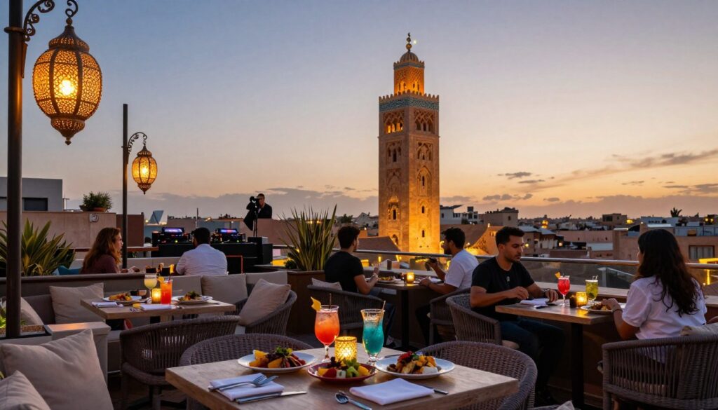 Il rooftop Kabana al tramonto con vista sulla Koutoubia e cocktail colorati sui tavoli