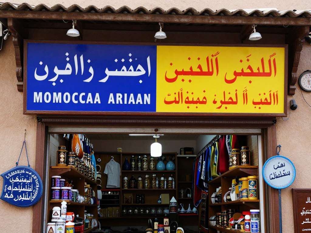 Insegna di negozio marocchino con scritte in arabo e francese - Guida di Viaggio in Marocco