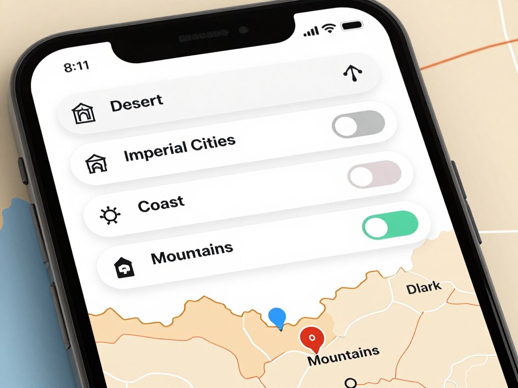 Interfaccia della mappa itinerari Marocco interattiva con filtri e funzionalità evidenziate Interfaccia della mappa itinerari Marocco interattiva con filtri e funzionalità evidenziate