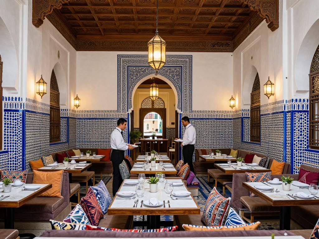 Interno de La Maison Bleue a Fes, ristorante in un riad storico con piastrelle tradizionali