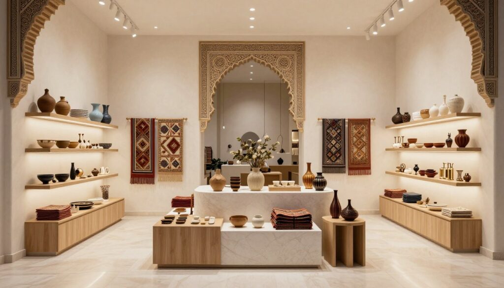Interno di un concept store moderno a Fes con mix di artigianato tradizionale e design contemporaneo