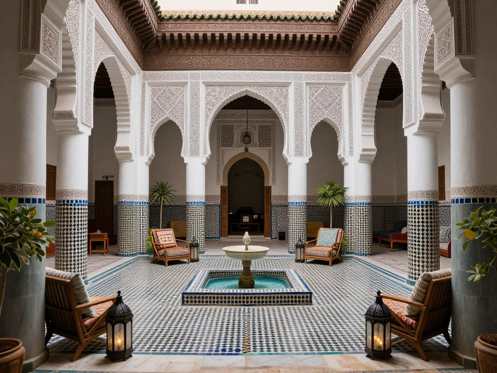 Interno di un tradizionale riad marocchino con cortile centrale - Guida di Viaggio in Marocco