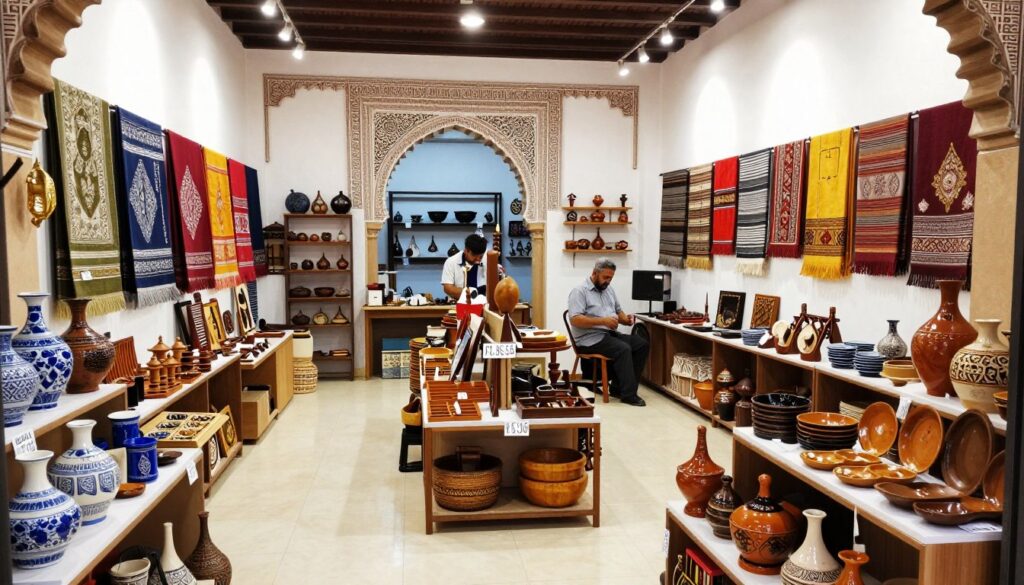 Interno di una cooperativa artigiana di Fes con esposizione di prodotti