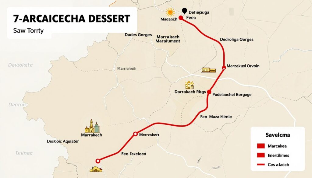 Itinerario di 7 giorni in Marocco con mappa che mostra il percorso tra le principali città imperiali e il deserto