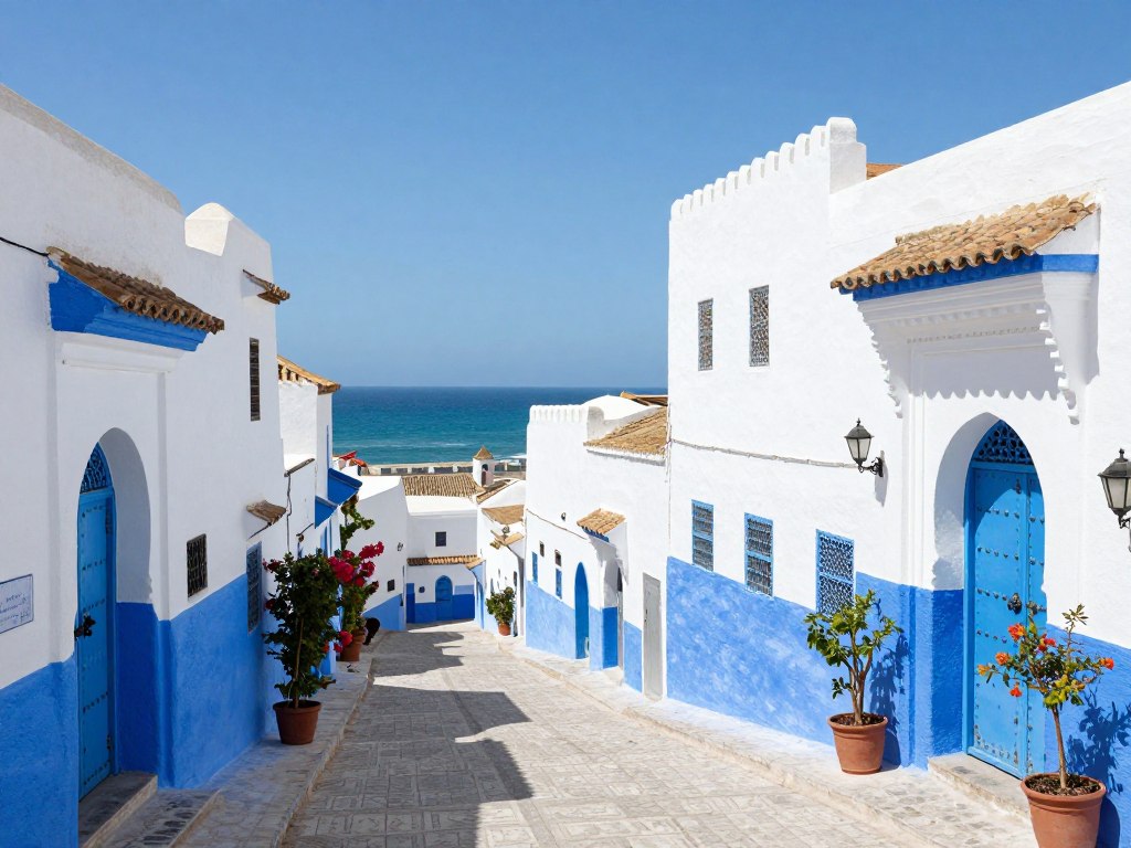 Kasbah des Oudaias a Rabat con vista sull'oceano e vicoli bianchi e blu Kasbah des Oudaias a Rabat con vista sull'oceano e vicoli bianchi e blu