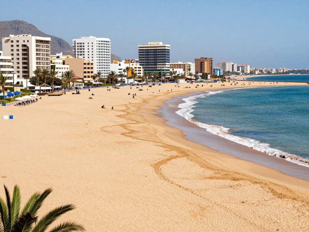 La lunga spiaggia di Agadir con vista sulla baia e sulle montagne - Guida di Viaggio in Marocco