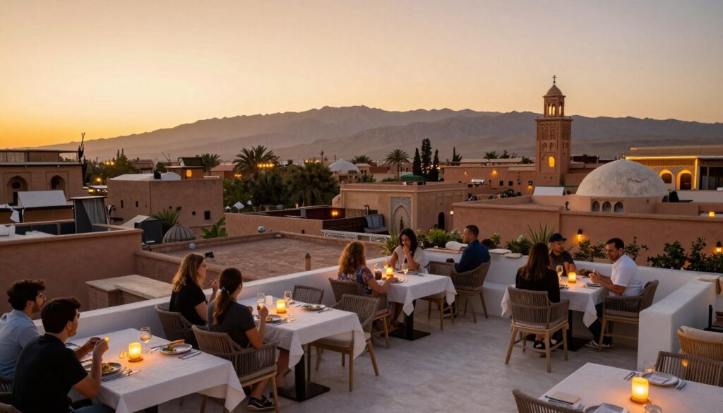 La terrazza del ristorante Nomad con vista sui tetti della medina di Marrakech al tramonto