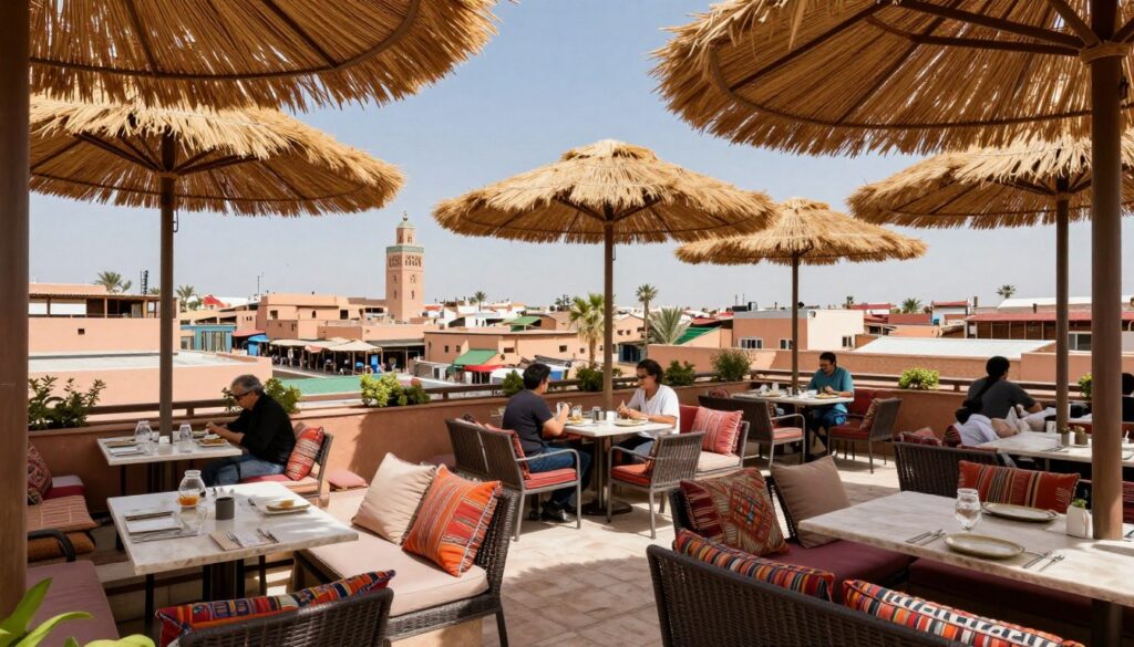 La terrazza del ristorante Terrasse des Épices con vista sul souk delle spezie e ombrelloni di paglia