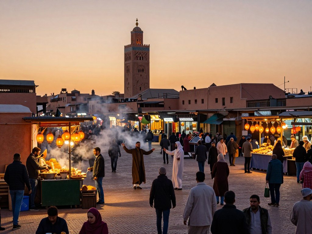 La vivace piazza Djemaa el-Fna di Marrakech al tramonto - Guida di Viaggio in Marocco