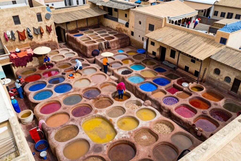 Le concerie Chouara di Fes con le caratteristiche vasche colorate di tintura viste dall'alto
