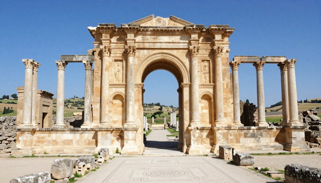 Le rovine romane di Volubilis con l'arco di trionfo e le colonne contro un cielo azzurro