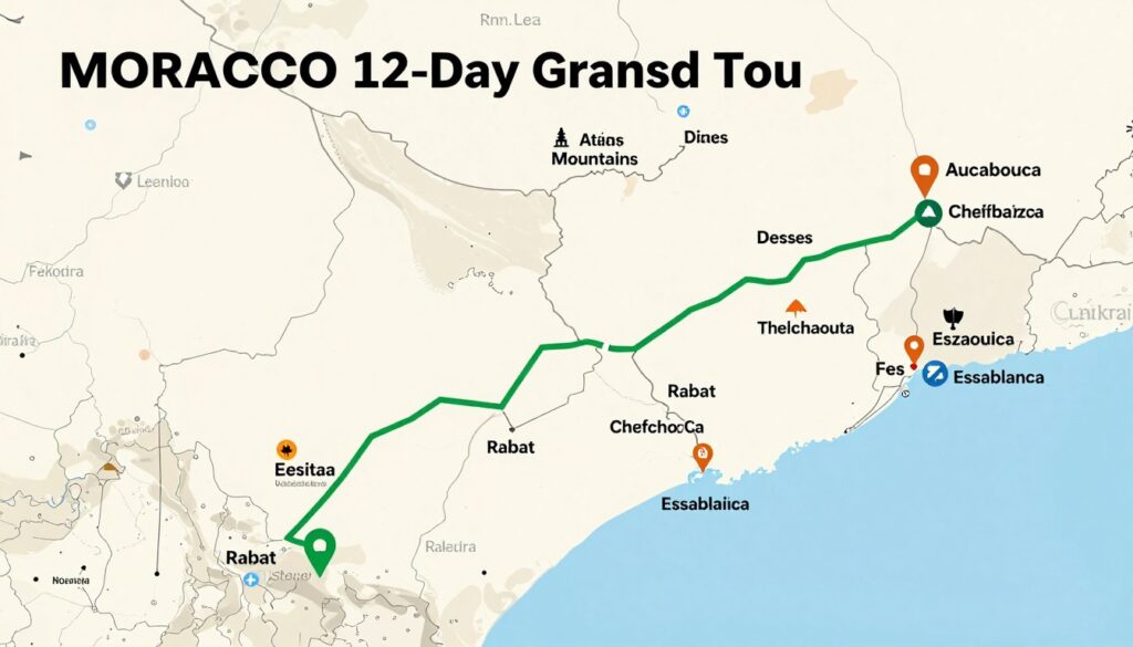 Mappa completa del Grand Tour del Marocco di 12 giorni che include tutte le principali attrazioni