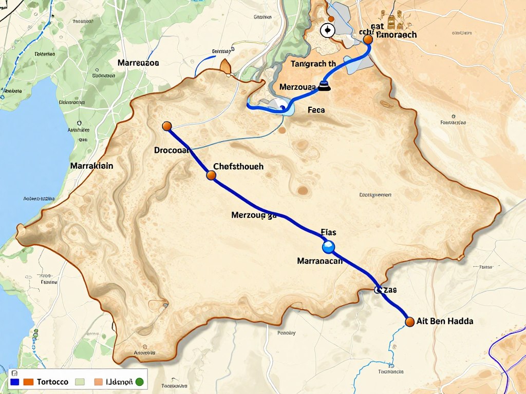 Mappa del percorso del tour tangeri marrakech 8 giorni con tappe principali