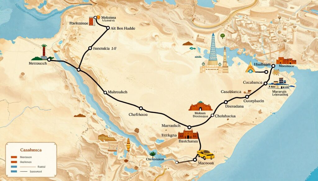 Mappa dell'itinerario combinato deserto e città imperiali del Marocco