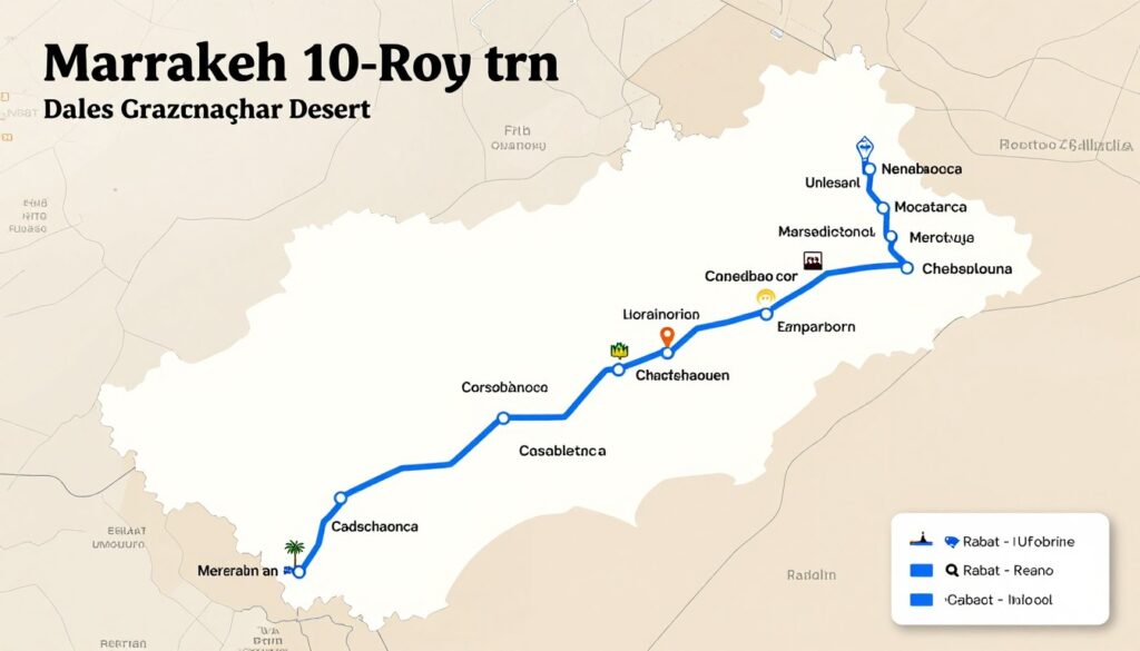 Mappa dell'itinerario di 10 giorni in Marocco che mostra il percorso più completo e rilassato