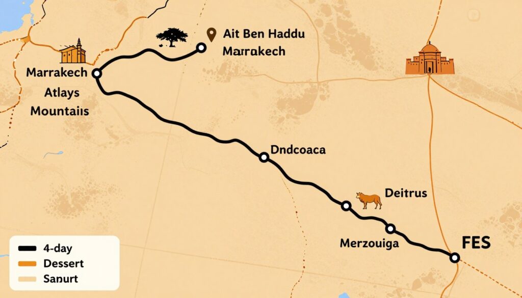 Mappa dell'itinerario tour deserto Marocco da Marrakech a Fes