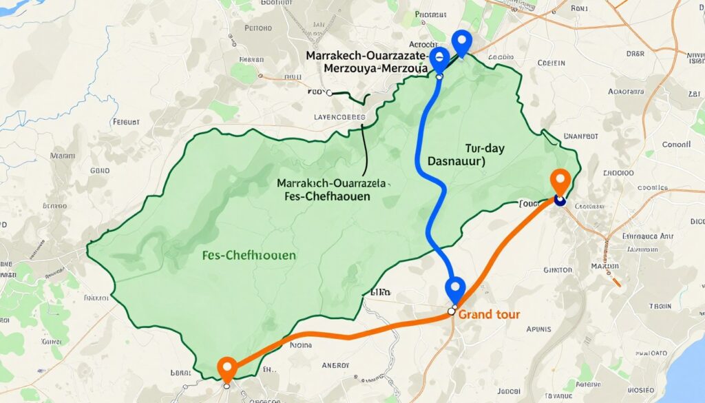 Mappa itinerari Marocco interattiva con i tre percorsi principali evidenziati in colori diversi Mappa itinerari Marocco interattiva con i tre percorsi principali evidenziati in colori diversi