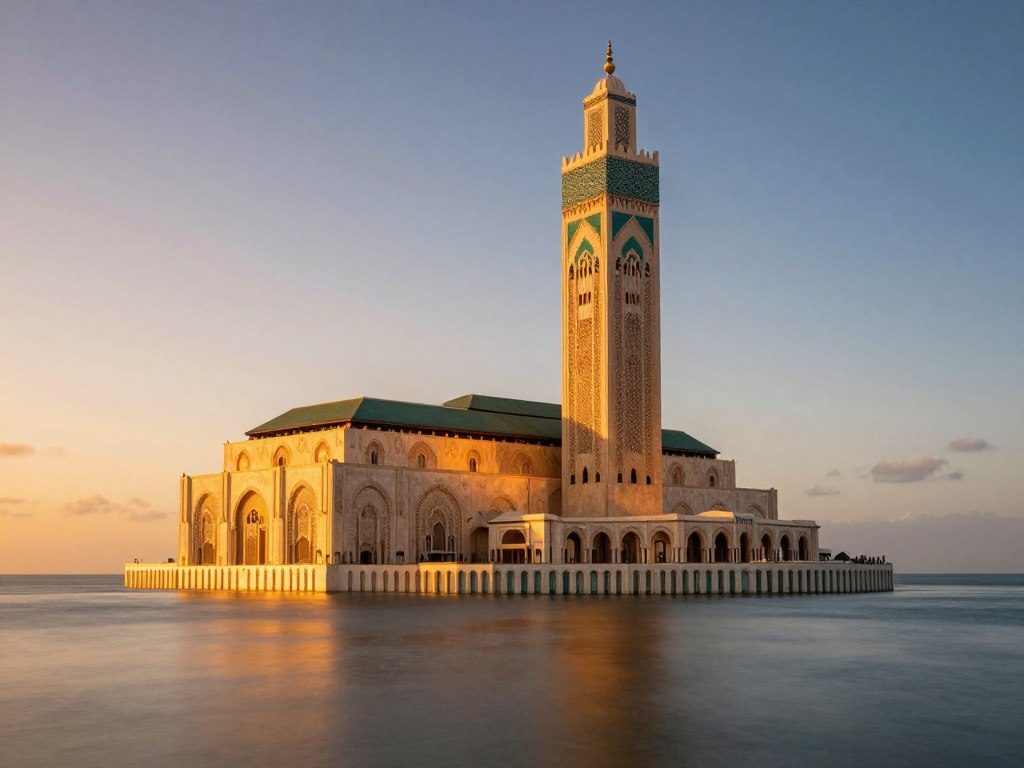 Moschea Hassan II di Casablanca al tramonto con riflessi sull'oceano Moschea Hassan II di Casablanca al tramonto con riflessi sull'oceano
