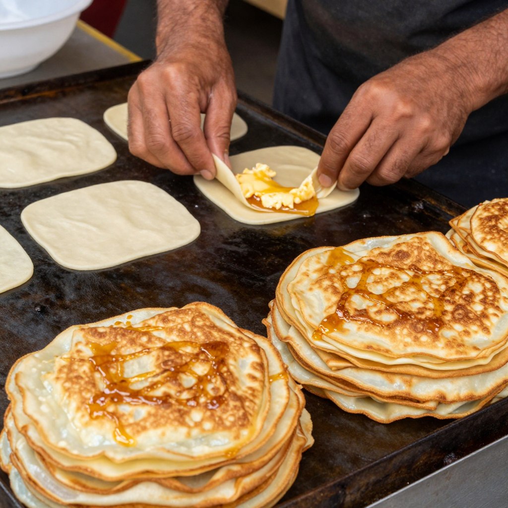 Msemen, crepes quadrate stratificate, servite semplici o ripiene di formaggio o miele a Fes