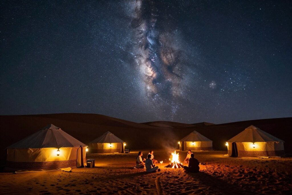 Notte stellata in un campo tendato nel deserto del Sahara marocchino