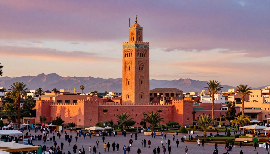 Panorama di Marrakech con la Medina e la Moschea Koutoubia al tramonto Panorama di Marrakech con la Medina e la Moschea Koutoubia al tramonto