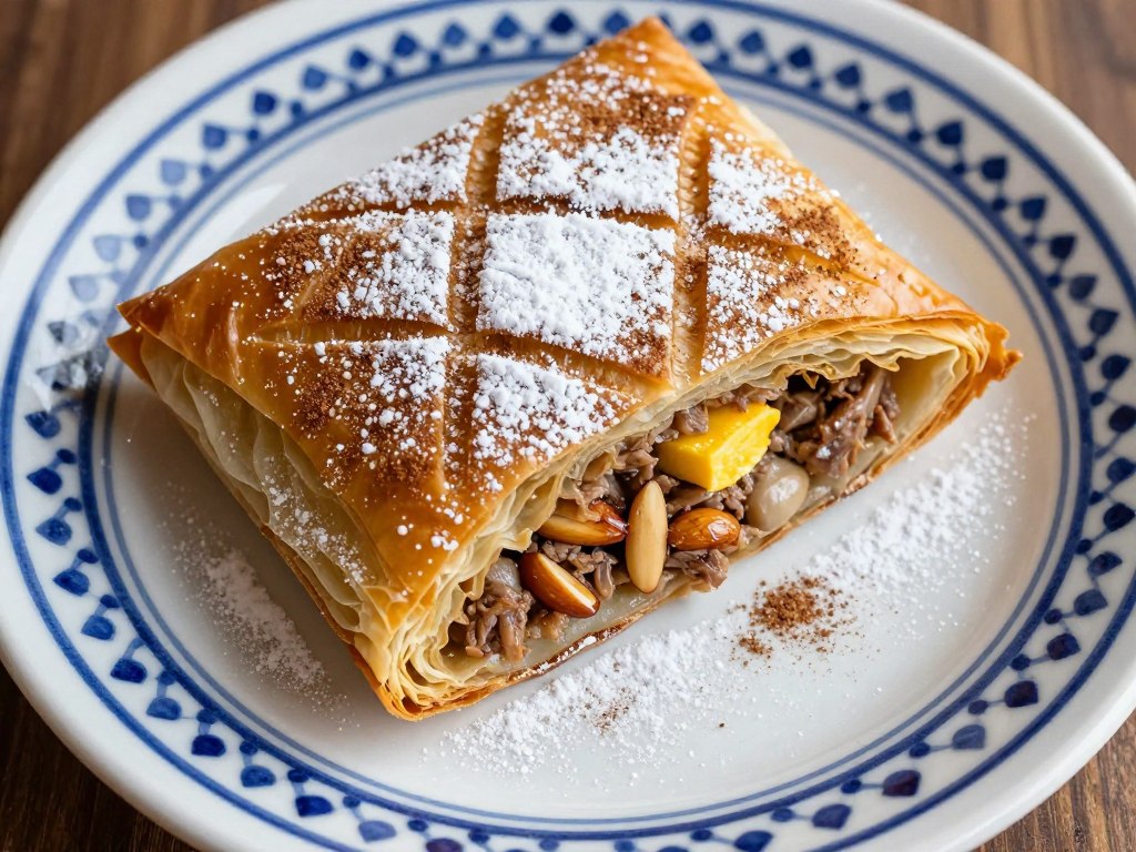 Pastilla tradizionale di Fes con piccione, mandorle e cannella, specialità dove mangiare a fes marocco