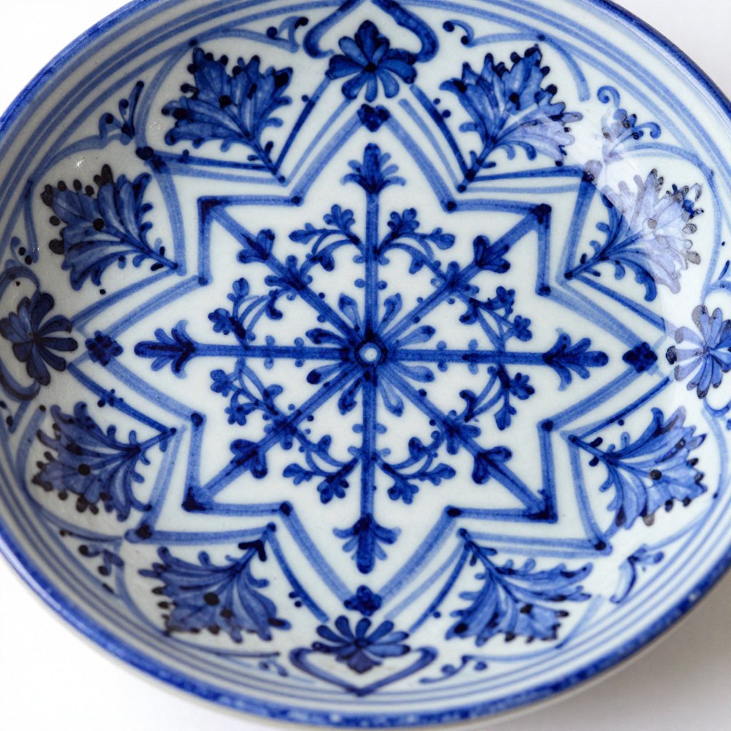 Piatto in ceramica blu di Fes con intricati motivi geometrici