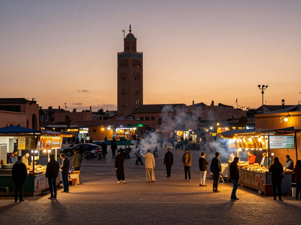 Piazza Jemaa el-Fna a Marrakech al tramonto piena di vita e bancarelle durante un tour marocco di 7 giorni