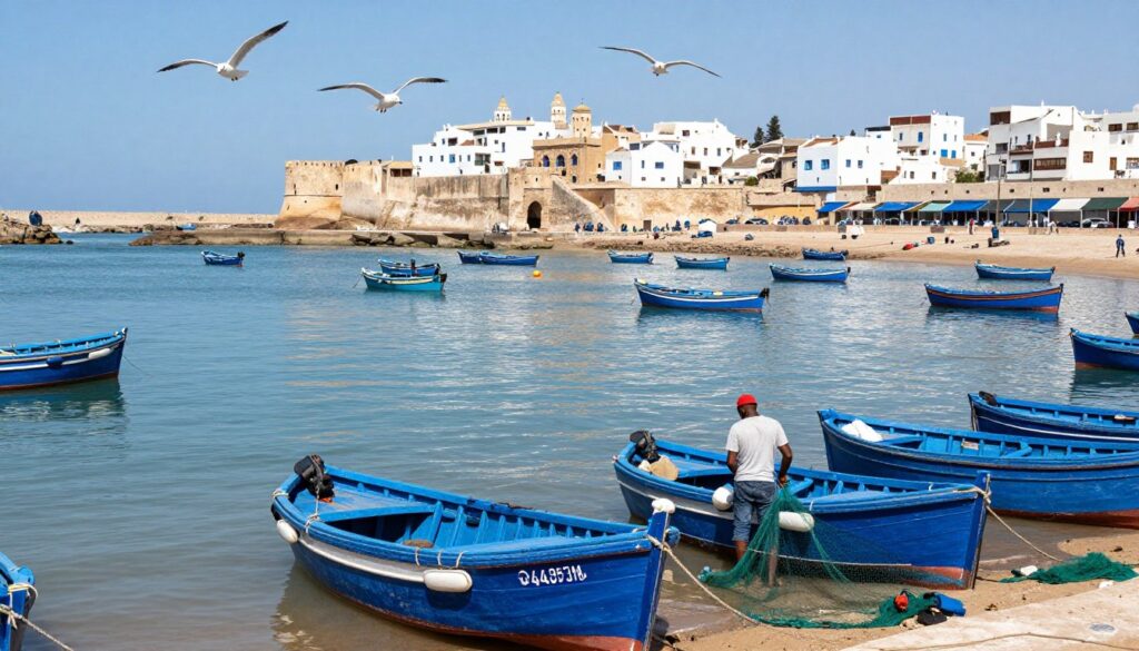 Porto di Essaouira con barche blu durante il tour marocco 10 giorni