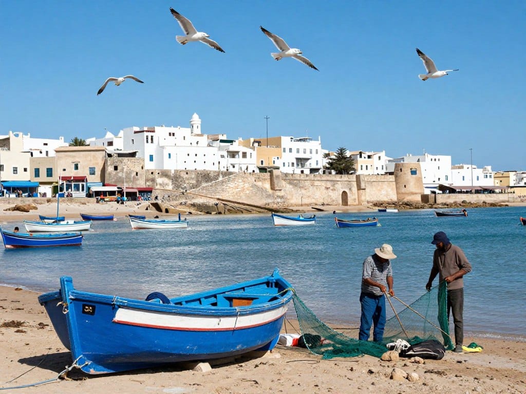 Porto di Essaouira con barche blu durante un tour Marocco 12 giorni Porto di Essaouira con barche blu durante un tour Marocco 12 giorni