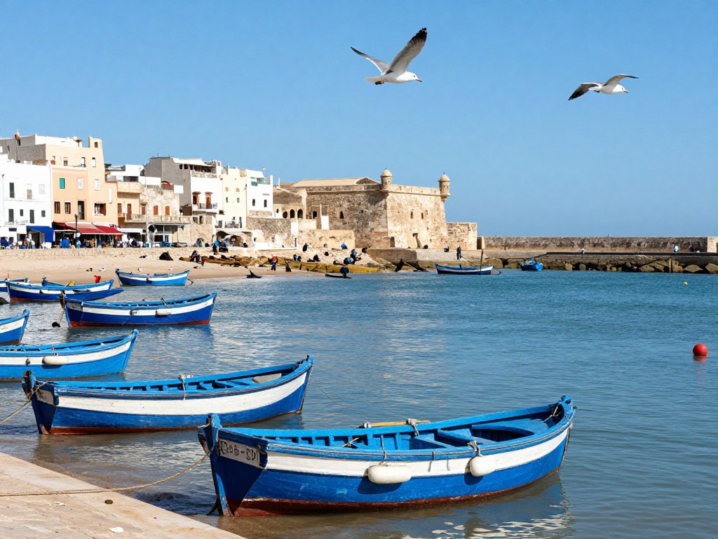 Porto di Essaouira con barche blu e mura della medina sul mare Porto di Essaouira con barche blu e mura della medina sul mare