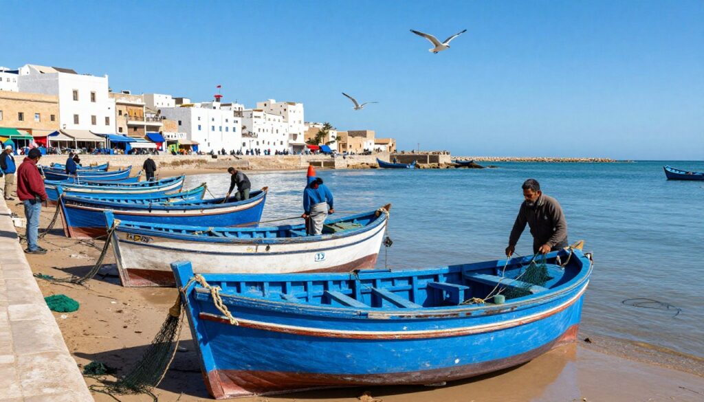 Porto di Essaouira con barche blu, una delle migliori gite di un giorno da Marrakech
