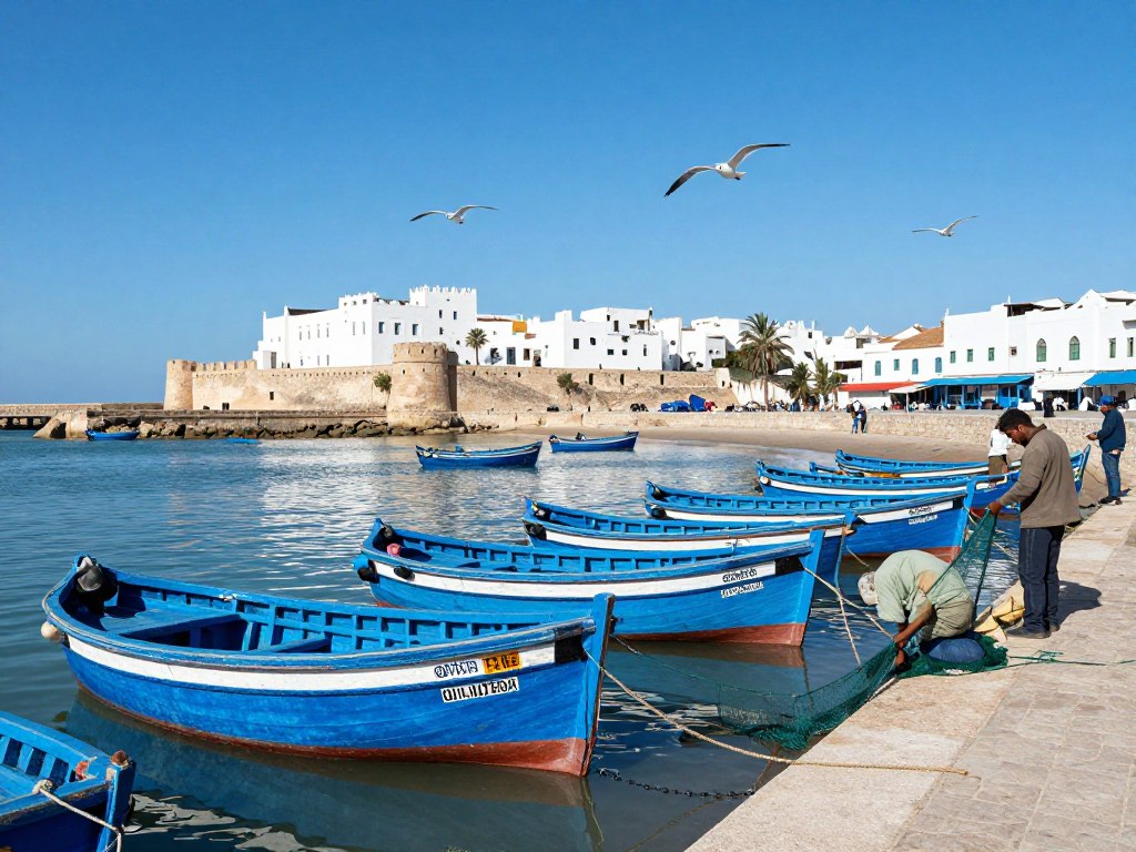 Porto di Essaouira con le caratteristiche barche blu e la medina bianca sullo sfondo - Guida di Viaggio in Marocco